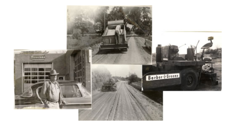 Historical photos of asphalt paving equipment from the 60s and 70s along with the original owner Roy Geske